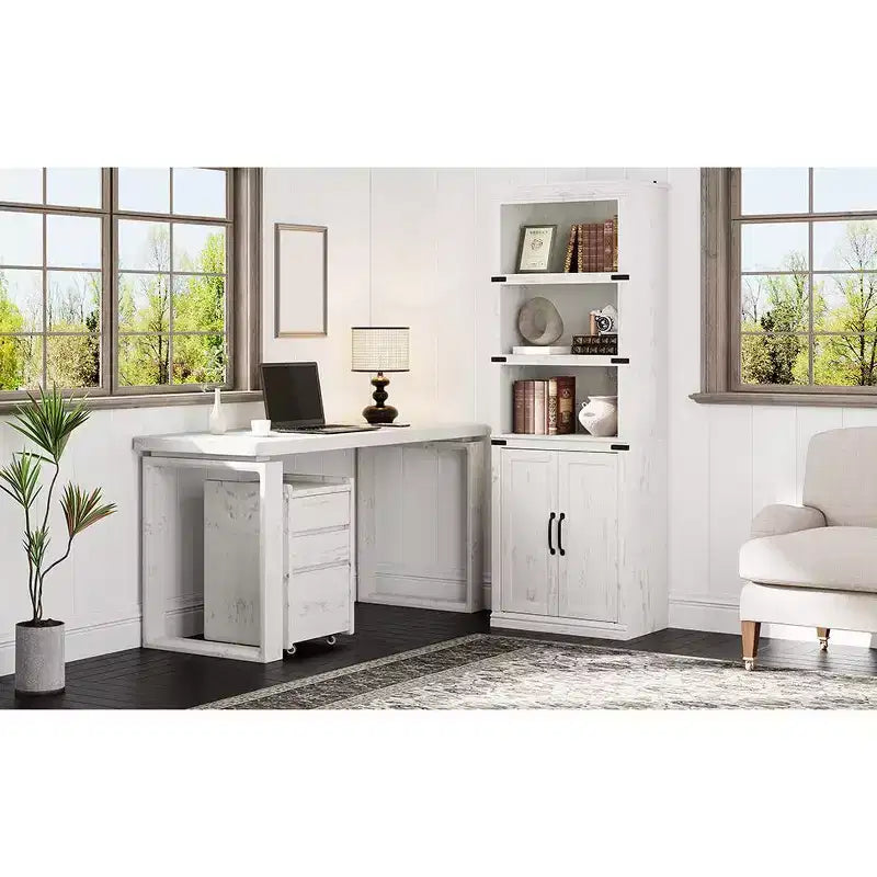 Bibliothèque à 5 étagères avec armoire de rangement Gris / Blanc antique / Chêne foncé, assemblage par 1 personne