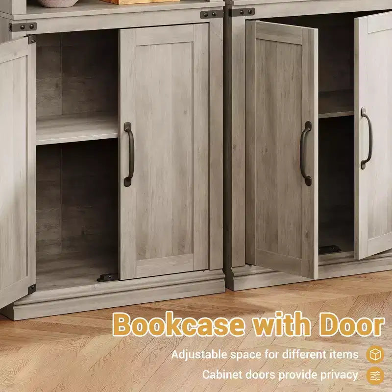 Bibliothèque à 5 étagères avec armoire de rangement Gris / Blanc antique / Chêne foncé, assemblage par 1 personne