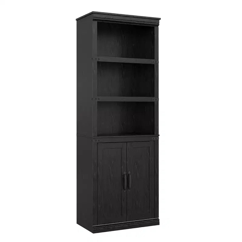 Bibliothèque à 5 étagères avec armoire de rangement Gris / Blanc antique / Chêne foncé, assemblage par 1 personne