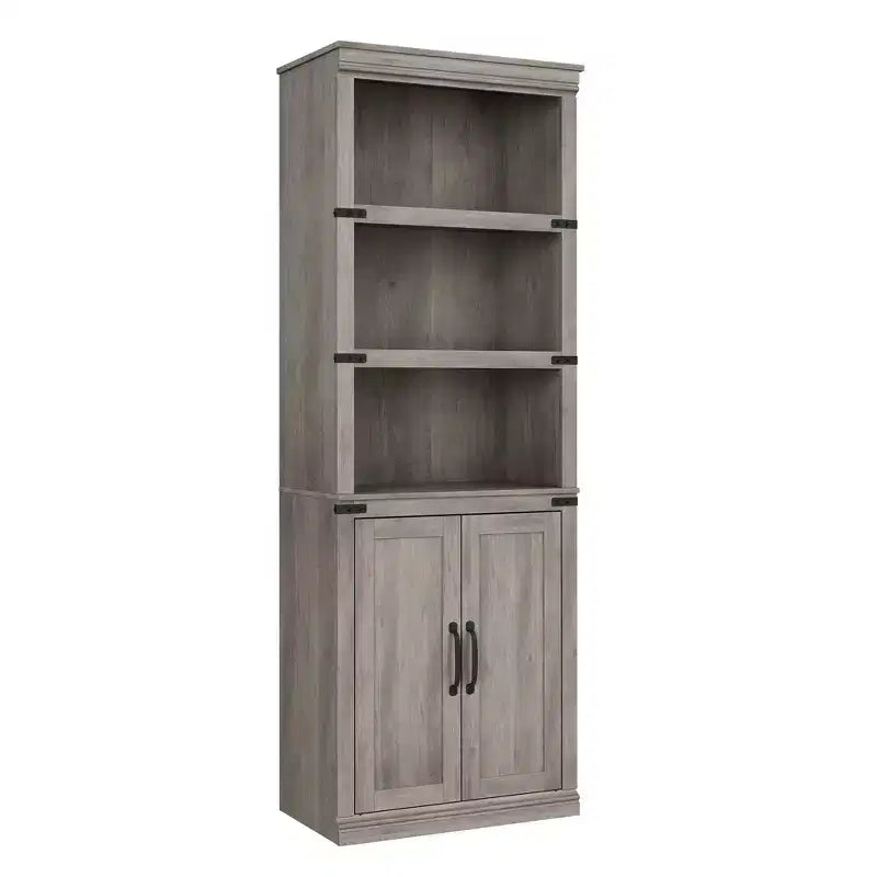 Bibliothèque à 5 étagères avec armoire de rangement Gris / Blanc antique / Chêne foncé, assemblage par 1 personne