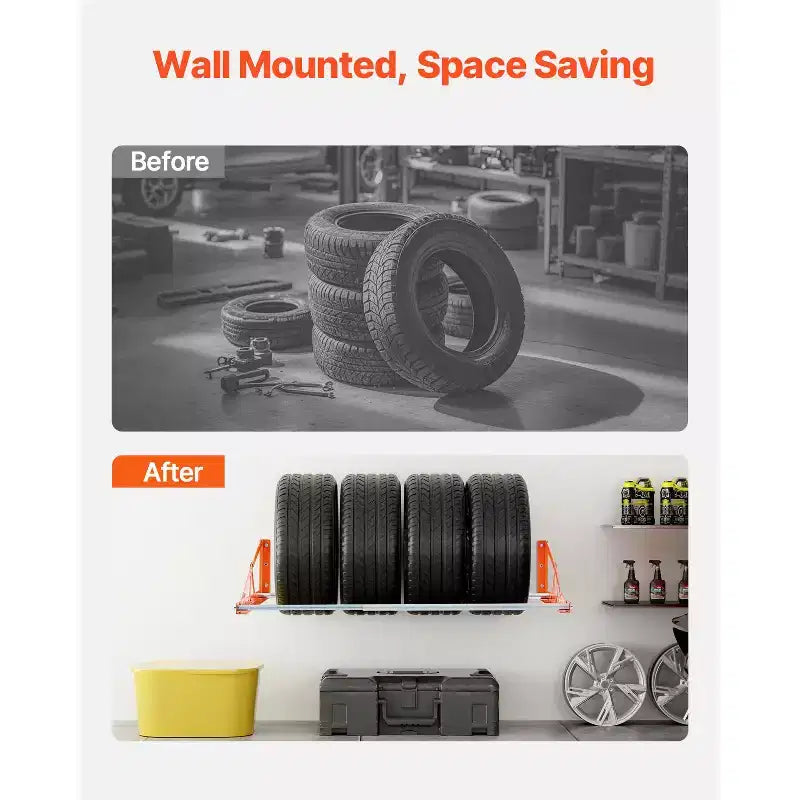 Support à pneus mural orange, réglable de 31 à 56 po, en acier robuste, peut contenir 4 pneus