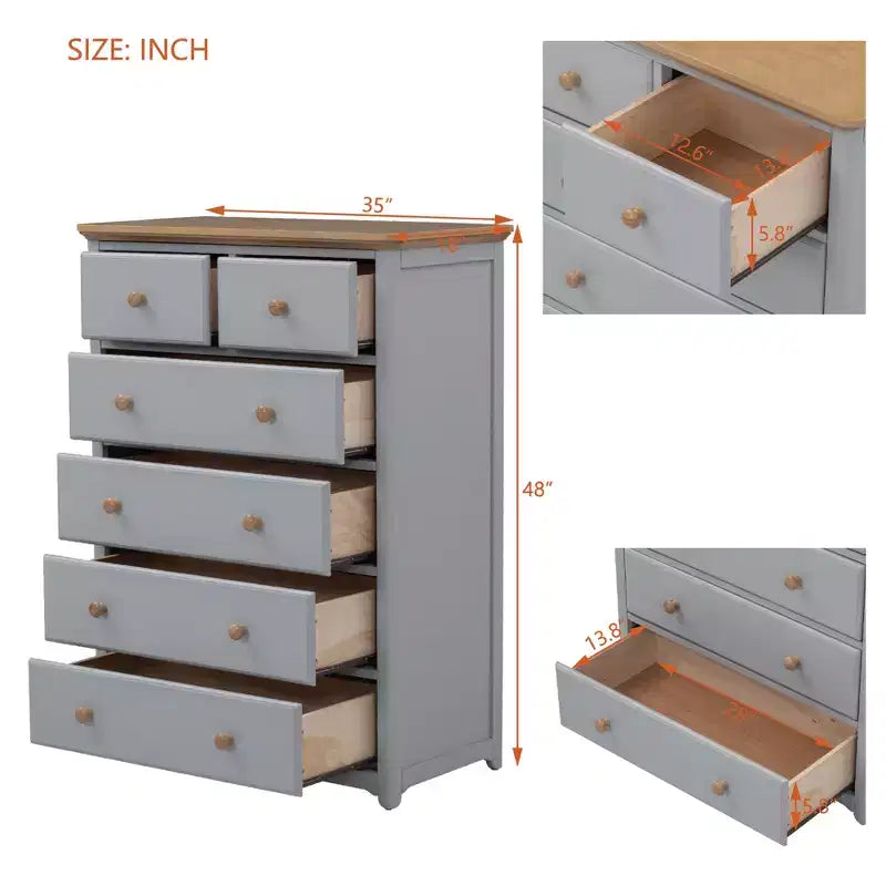 Commode rustique en bois gris/blanc à 6 tiroirs, assemblage par 1 personne
