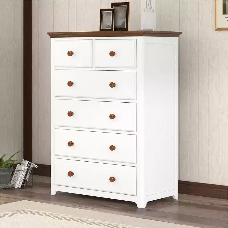 Commode rustique en bois gris/blanc à 6 tiroirs, assemblage par 1 personne