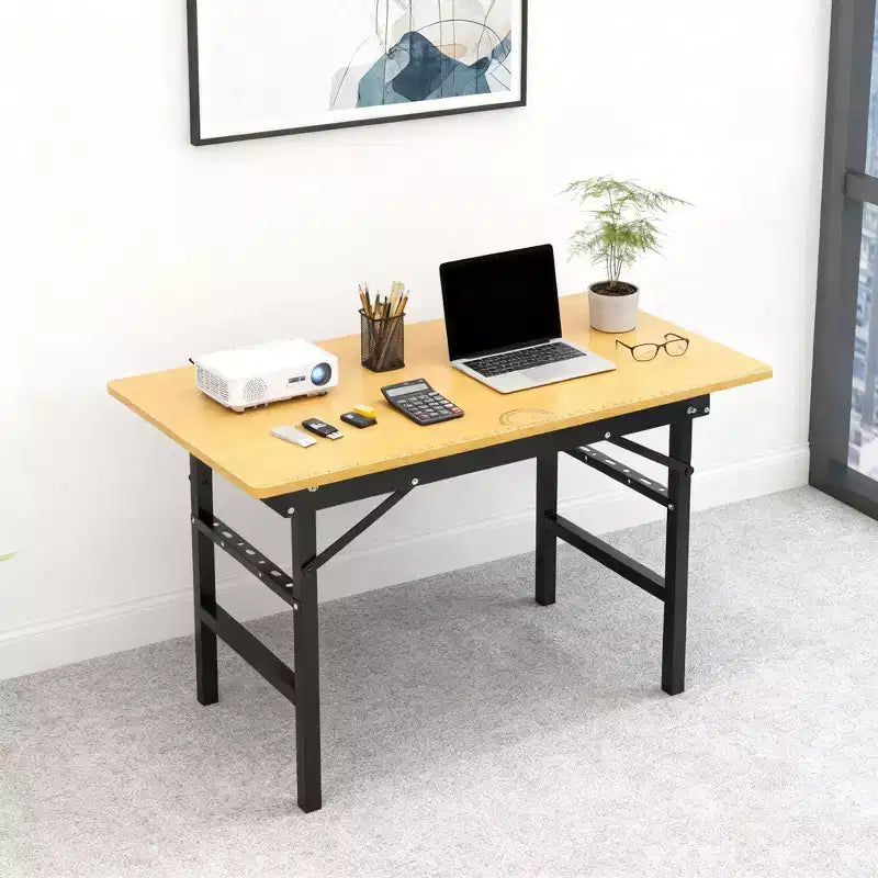 Homy Casa Folding Work Desk with Metal Frame, Natural Wood Finish  Compact Home Office Table