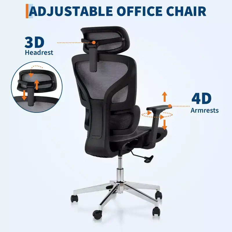 Chaise de bureau ergonomique à dossier haut en maille, noire/grise pour 1 personne