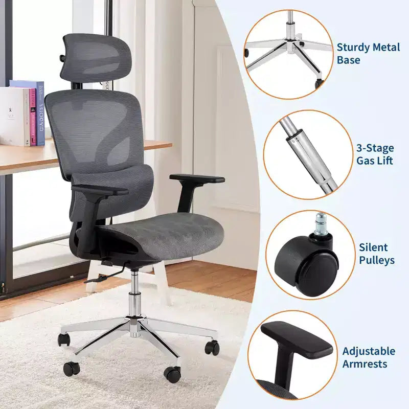 Chaise de bureau ergonomique à dossier haut en maille, noire/grise pour 1 personne
