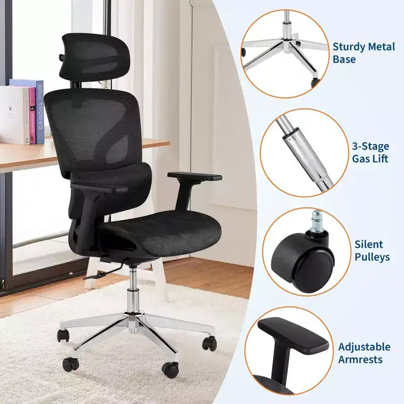 Chaise de bureau ergonomique à dossier haut en maille, noire/grise pour 1 personne