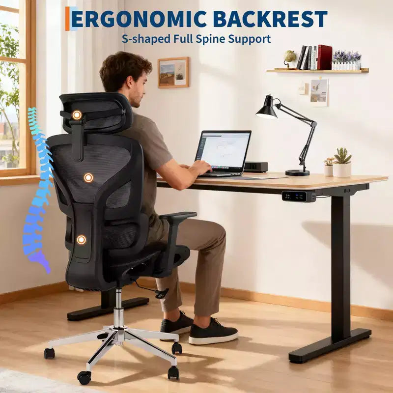 Chaise de bureau ergonomique à dossier haut en maille, noire/grise pour 1 personne