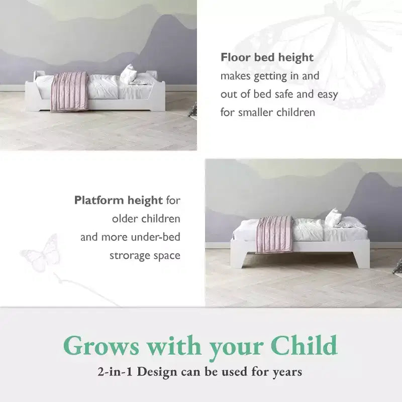 Lit de sol et lit surélevé 2-en-1 pour enfant en bois naturel / blanc, 1 enfant
