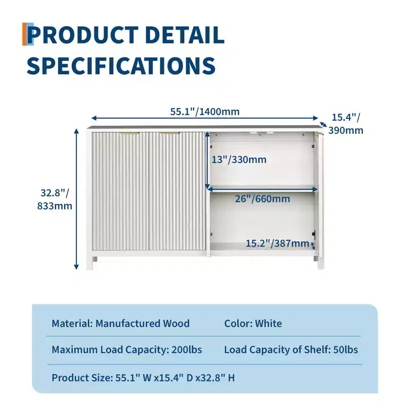 Buffet 4 portes Chêne / Blanc avec étagères réglables – 1 Unité