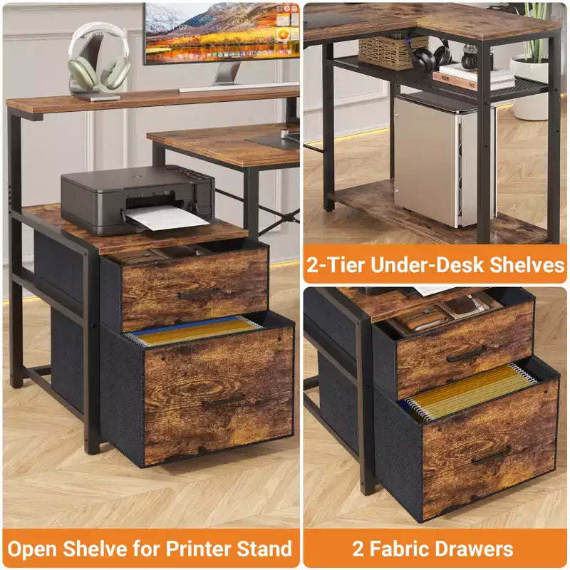 Bureau d'angle en L noir/marron/gris foncé/blanc/gris clair avec station de charge, tiroirs pour dossiers et étagères – 1 personne