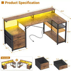 Bureau d'angle en L noir/marron/gris foncé/blanc/gris clair avec station de charge, tiroirs pour dossiers et étagères – 1 personne