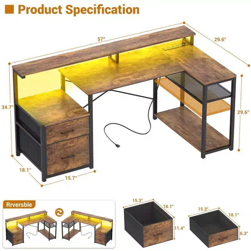 Bureau d'angle en L noir/marron/gris foncé/blanc/gris clair avec station de charge, tiroirs pour dossiers et étagères – 1 personne