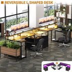 Bureau d'angle en L noir/marron/gris foncé/blanc/gris clair avec station de charge, tiroirs pour dossiers et étagères – 1 personne
