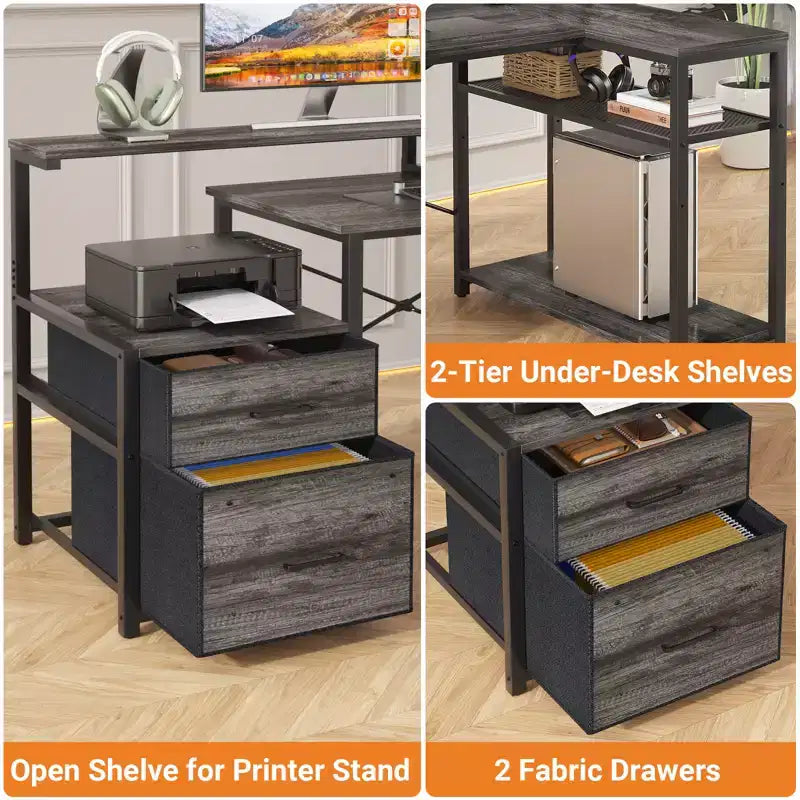 Bureau d'angle en L noir/marron/gris foncé/blanc/gris clair avec station de charge, tiroirs pour dossiers et étagères – 1 personne