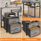 Bureau d'angle en L noir/marron/gris foncé/blanc/gris clair avec station de charge, tiroirs pour dossiers et étagères – 1 personne