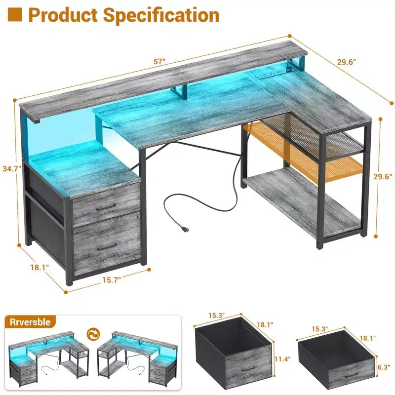 Bureau d'angle en L noir/marron/gris foncé/blanc/gris clair avec station de charge, tiroirs pour dossiers et étagères – 1 personne