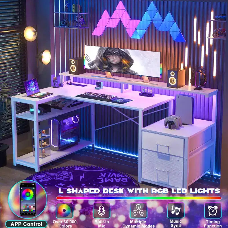 Bureau d'angle en L noir/marron/gris foncé/blanc/gris clair avec station de charge, tiroirs pour dossiers et étagères – 1 personne