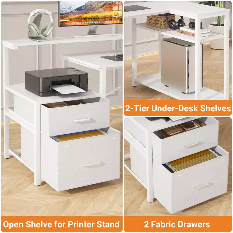 Bureau d'angle en L noir/marron/gris foncé/blanc/gris clair avec station de charge, tiroirs pour dossiers et étagères – 1 personne