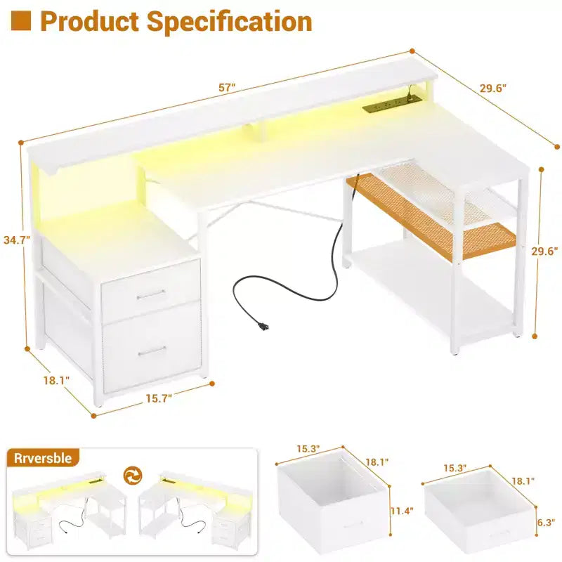 Bureau d'angle en L noir/marron/gris foncé/blanc/gris clair avec station de charge, tiroirs pour dossiers et étagères – 1 personne