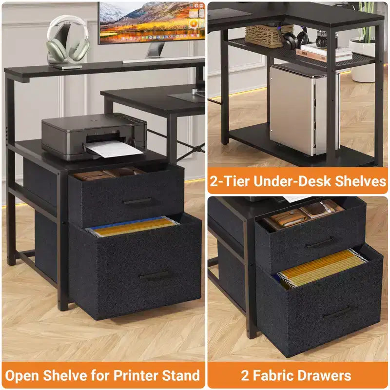 Bureau d'angle en L noir/marron/gris foncé/blanc/gris clair avec station de charge, tiroirs pour dossiers et étagères – 1 personne