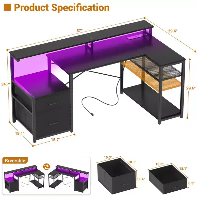Bureau d'angle en L noir/marron/gris foncé/blanc/gris clair avec station de charge, tiroirs pour dossiers et étagères – 1 personne
