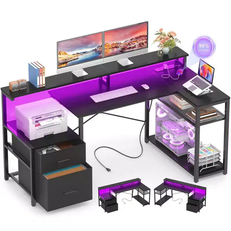 Besiost 57-In L Shaped Desk with Charging Station, Corner Computer Table with File Drawers and Storage Shelves