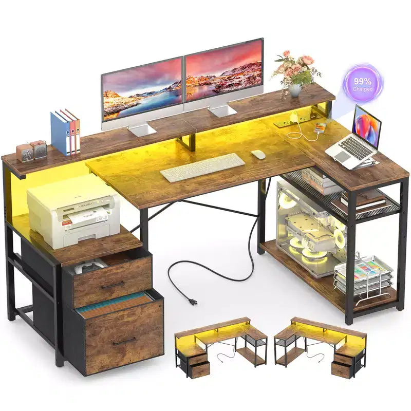 Bureau d'angle en L noir/marron/gris foncé/blanc/gris clair avec station de charge, tiroirs pour dossiers et étagères – 1 personne