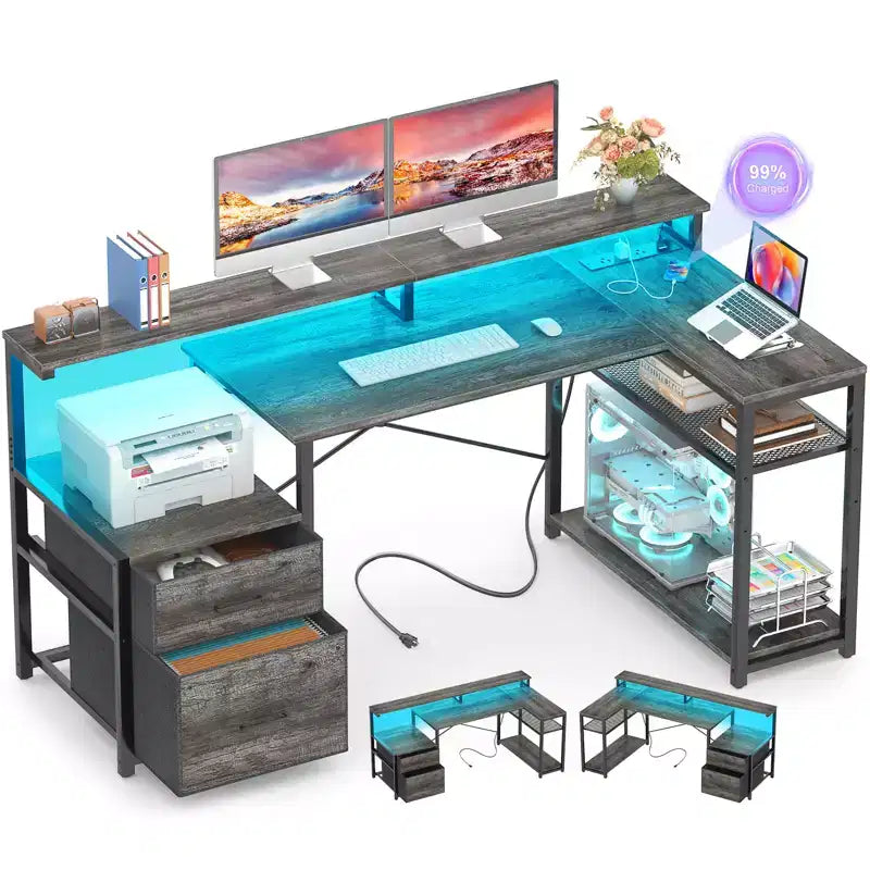 Bureau d'angle en L noir/marron/gris foncé/blanc/gris clair avec station de charge, tiroirs pour dossiers et étagères – 1 personne