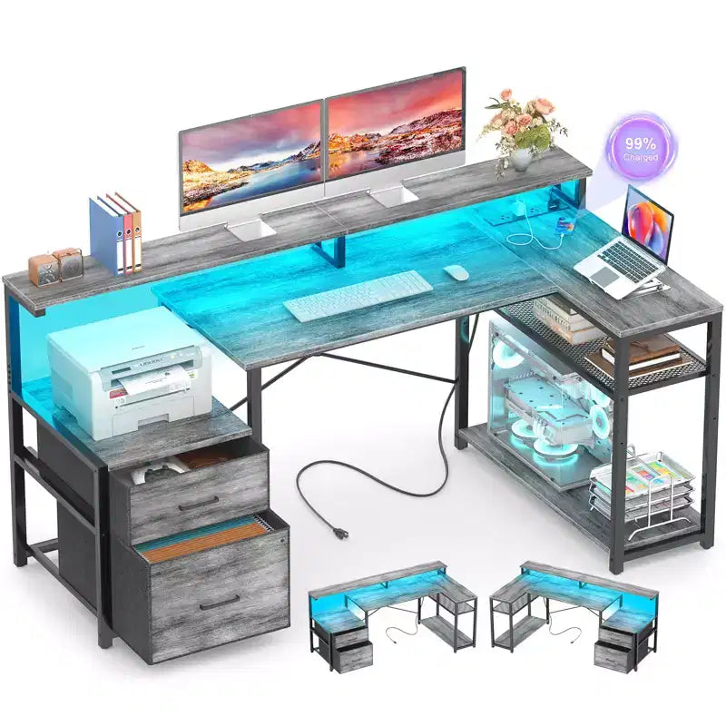 Bureau d'angle en L noir/marron/gris foncé/blanc/gris clair avec station de charge, tiroirs pour dossiers et étagères – 1 personne