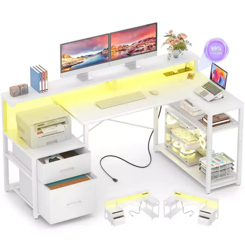 Bureau d'angle en L noir/marron/gris foncé/blanc/gris clair avec station de charge, tiroirs pour dossiers et étagères – 1 personne