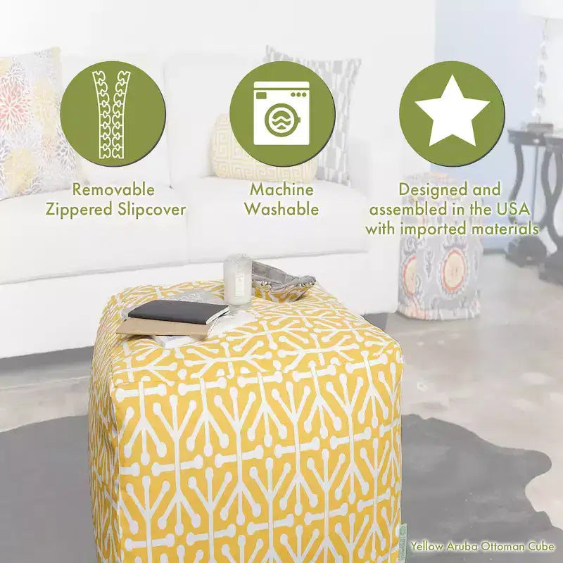 Pouf cube carré noir/gris/bleu marine/jaune – Rembourré, 1 personne