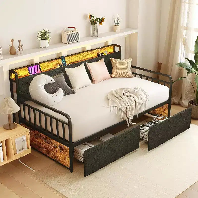 Zevemomo Twin Daybed with 2 Storage Drawers, LED Lights & Upholstered Headboard, Steel Slat Support Metal Frame for Living Room & Bedroom, Black