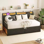 Lit de repos rembourré noir jumeau avec lumières LED et 2 tiroirs de rangement, pour 1 personne