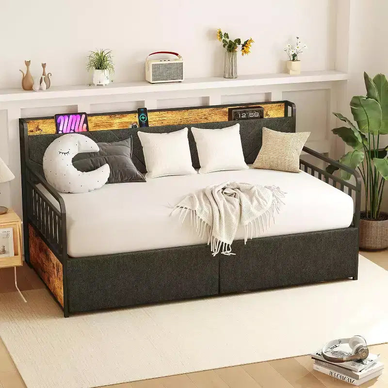 Lit de repos rembourré noir jumeau avec lumières LED et 2 tiroirs de rangement, pour 1 personne