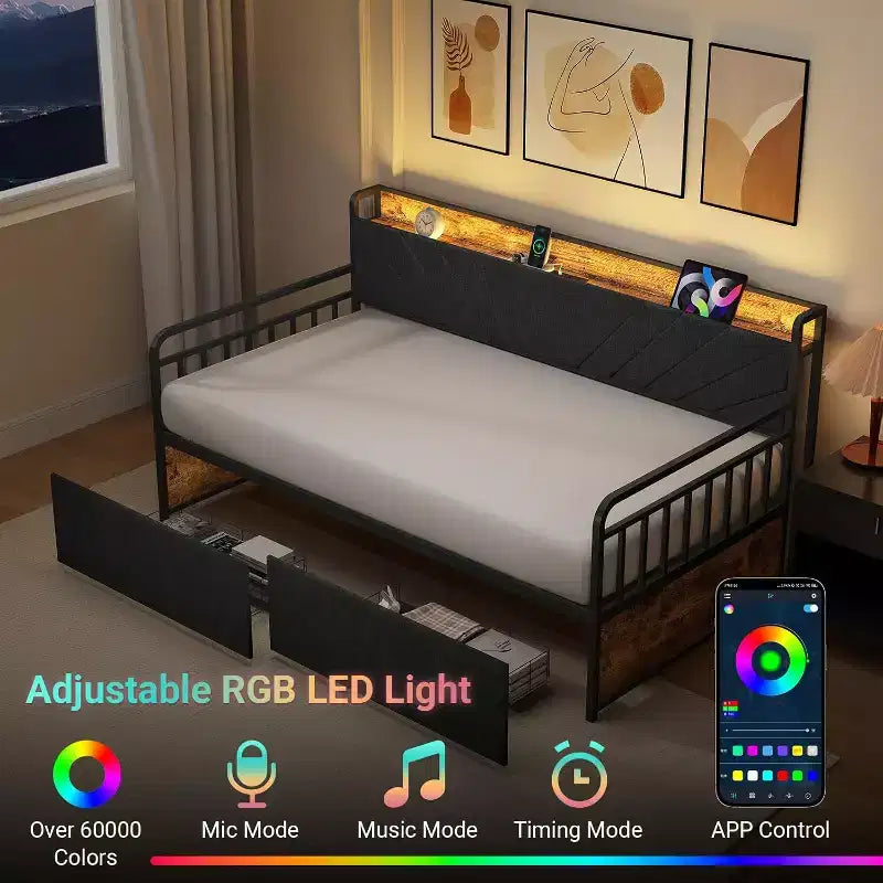 Lit de repos rembourré noir jumeau avec lumières LED et 2 tiroirs de rangement, pour 1 personne