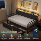 Lit de repos rembourré noir jumeau avec lumières LED et 2 tiroirs de rangement, pour 1 personne