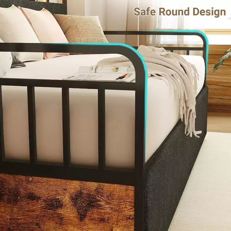Lit de repos rembourré noir jumeau avec lumières LED et 2 tiroirs de rangement, pour 1 personne