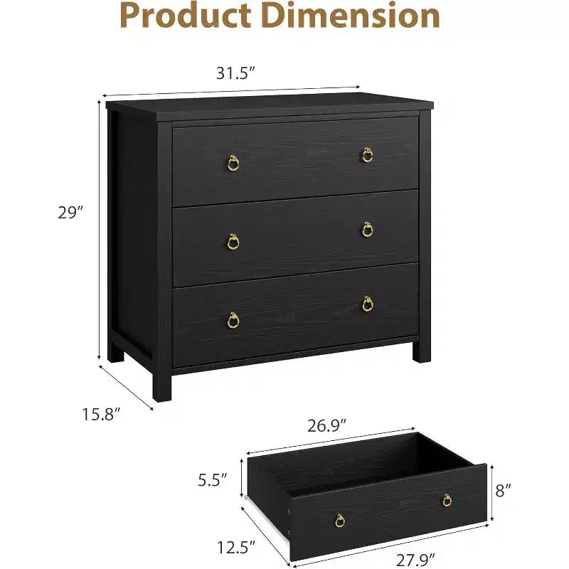 Commode en bois noir, 3/6/7 tiroirs, 54 po de large