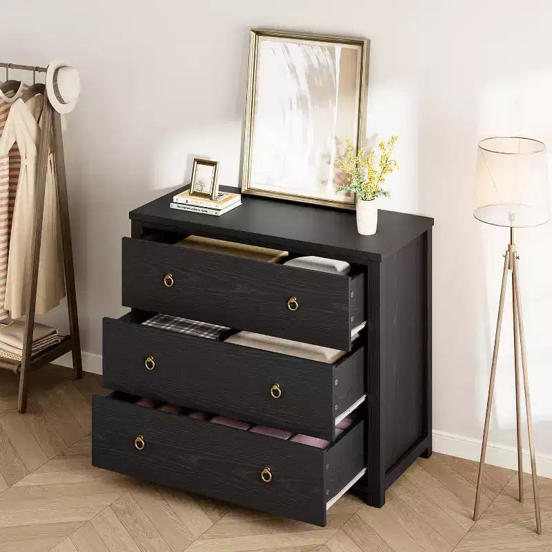 Commode en bois noir, 3/6/7 tiroirs, 54 po de large