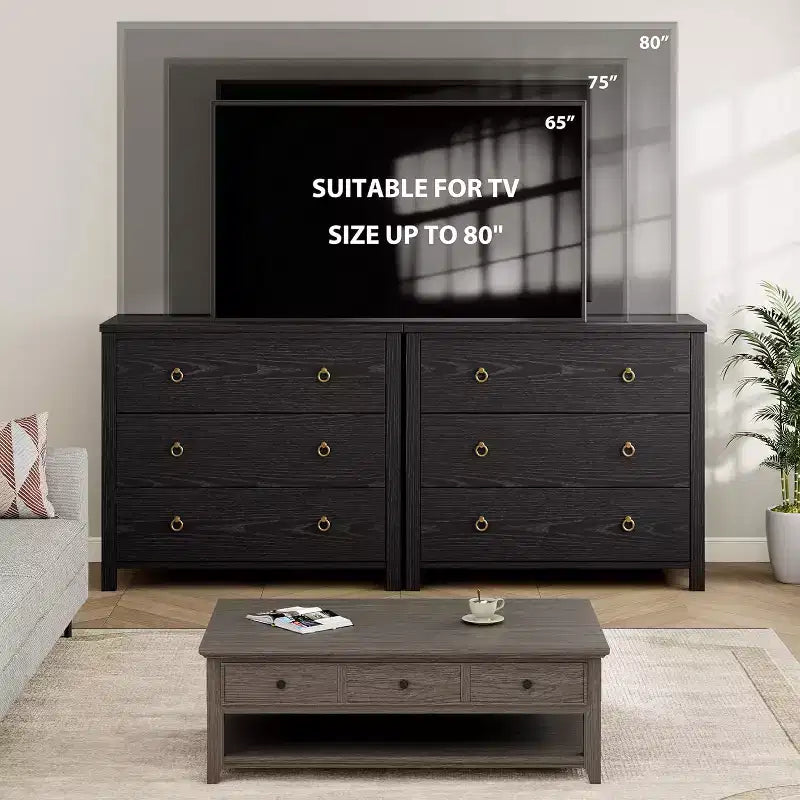 Commode en bois noir, 3/6/7 tiroirs, 54 po de large