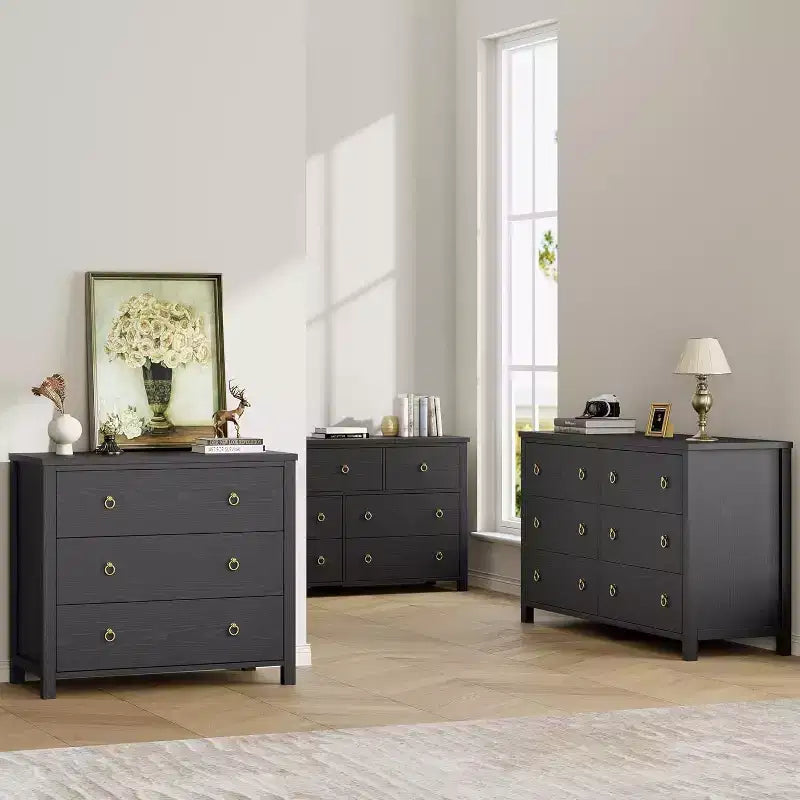 Commode en bois noir, 3/6/7 tiroirs, 54 po de large