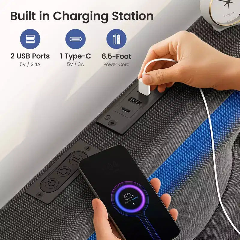 Cadre de lit plateforme rembourré avec tiroirs de rangement, lumières LED et station de recharge – Noir / Gris / Blanc, Simple / Double / Queen, 1 personne