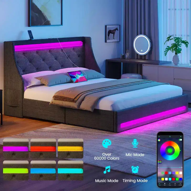 Cadre de lit plateforme rembourré avec tiroirs de rangement, lumières LED et station de recharge – Noir / Gris / Blanc, Simple / Double / Queen, 1 personne