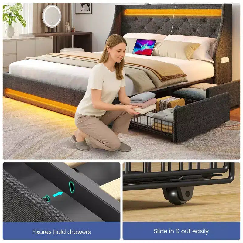 Cadre de lit plateforme rembourré avec tiroirs de rangement, lumières LED et station de recharge – Noir / Gris / Blanc, Simple / Double / Queen, 1 personne
