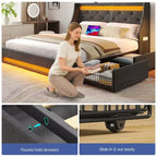 Cadre de lit plateforme rembourré avec tiroirs de rangement, lumières LED et station de recharge – Noir / Gris / Blanc, Simple / Double / Queen, 1 personne