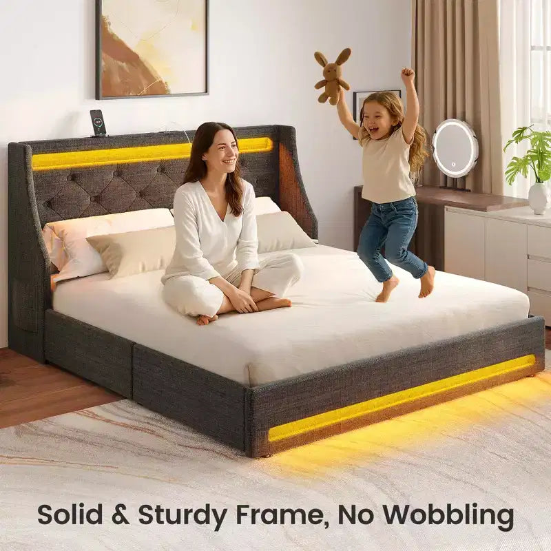Cadre de lit plateforme rembourré avec tiroirs de rangement, lumières LED et station de recharge – Noir / Gris / Blanc, Simple / Double / Queen, 1 personne