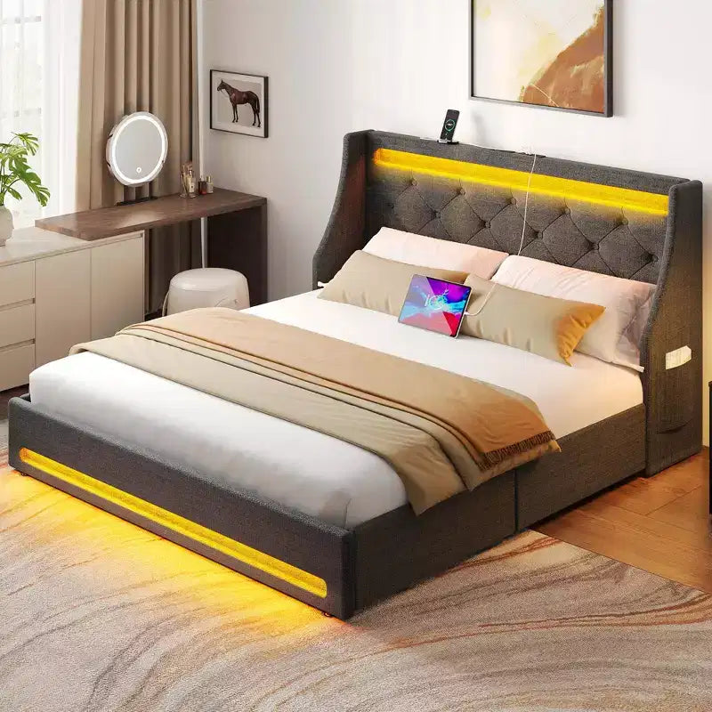 Cadre de lit plateforme rembourré avec tiroirs de rangement, lumières LED et station de recharge – Noir / Gris / Blanc, Simple / Double / Queen, 1 personne