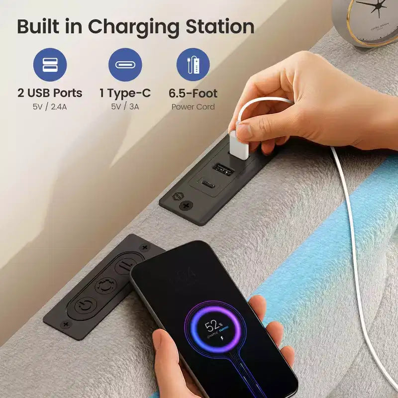 Cadre de lit plateforme rembourré avec tiroirs de rangement, lumières LED et station de recharge – Noir / Gris / Blanc, Simple / Double / Queen, 1 personne