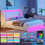 Cadre de lit plateforme rembourré avec tiroirs de rangement, lumières LED et station de recharge – Noir / Gris / Blanc, Simple / Double / Queen, 1 personne